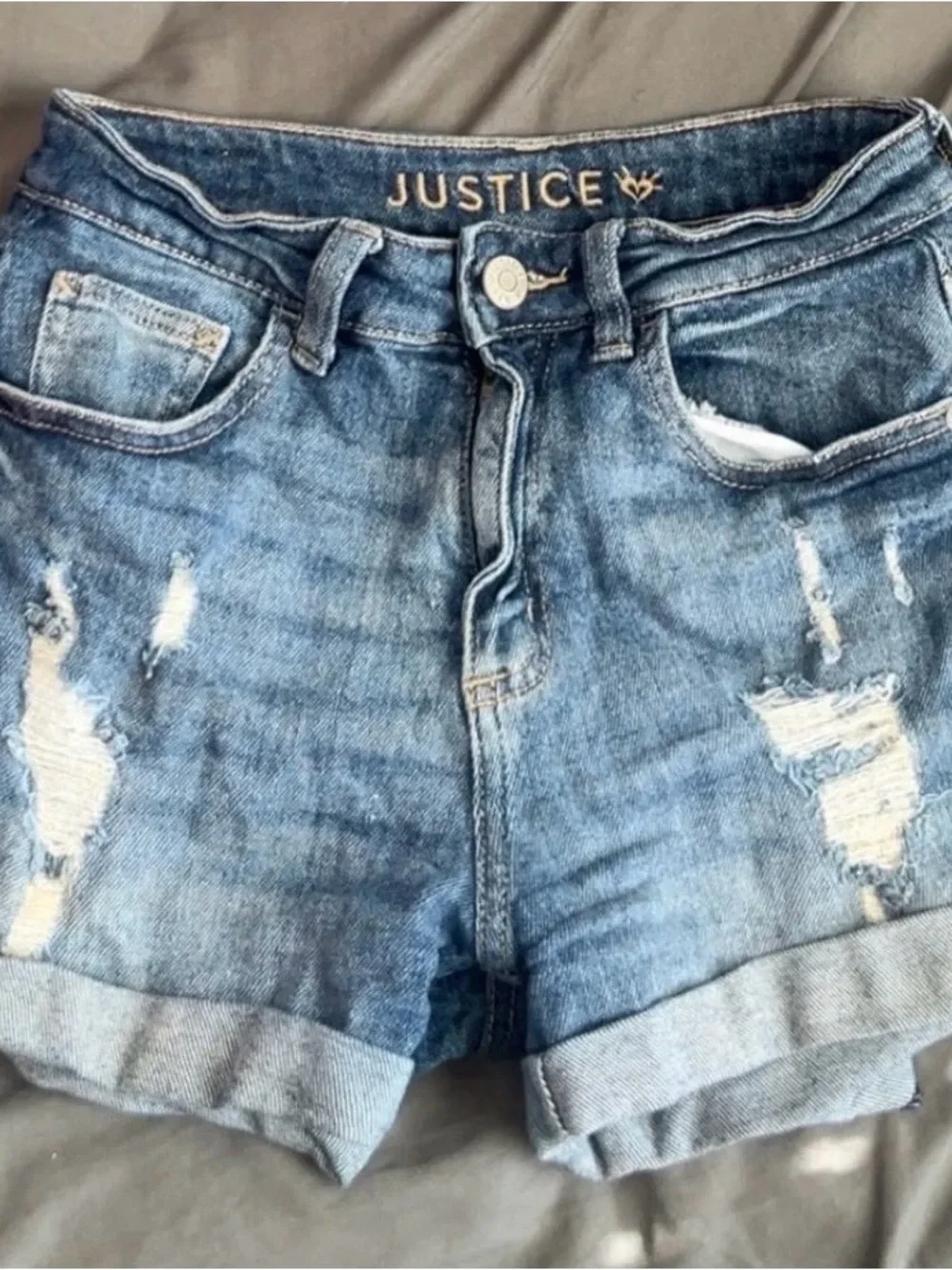 Justice Girls Distressed Rolled Cuff Denim Shorts - Blue